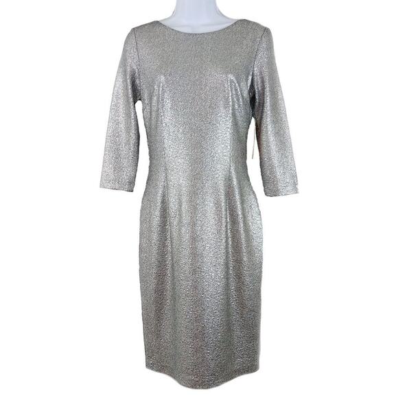 Womens Short Silver Sheath Dress Size Small 3/4 Sleeve Round Neck Gibson Latimer - Picture 1 of 7